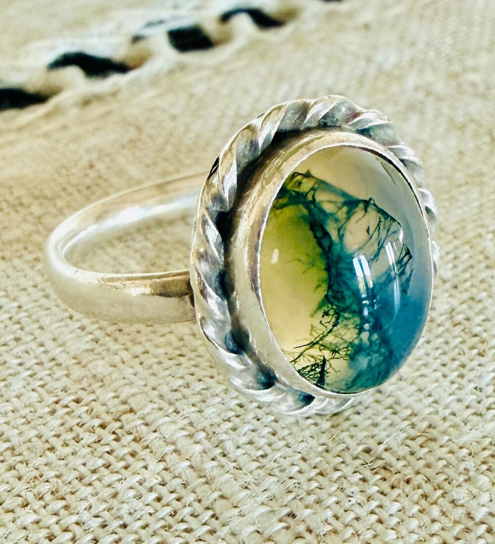 Sterling Silver Natural Moss Agate Ring Rope Bezel Southwestern Style Size 6.5